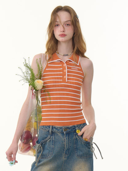 Striped Polo Neck Knitted Vest【s0000013048】