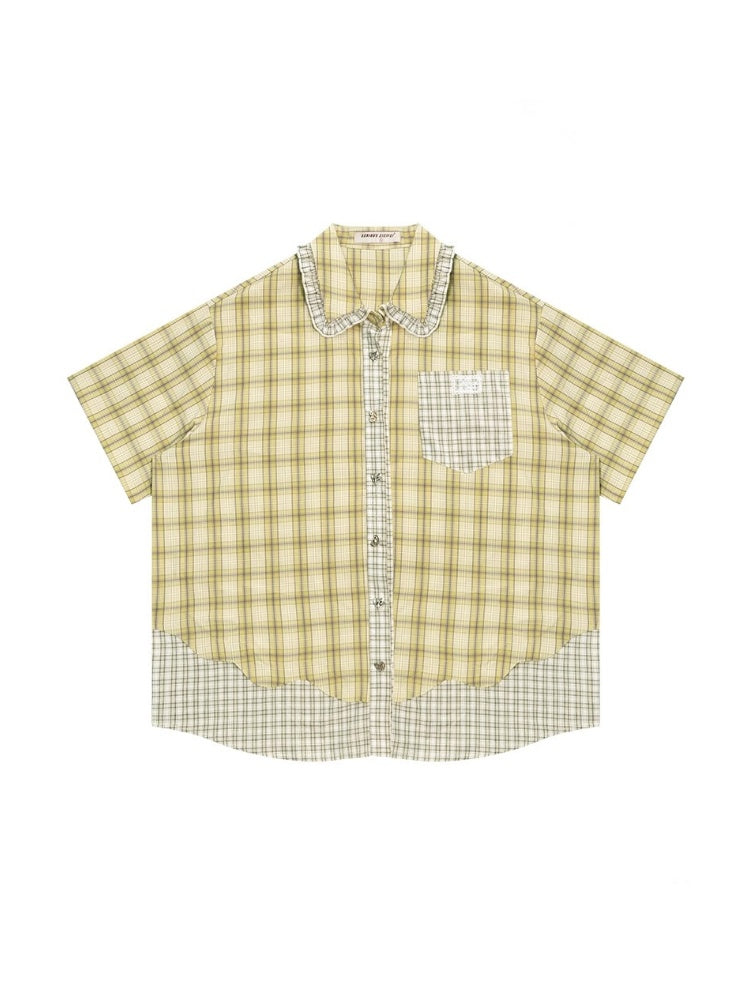 Stitching Plaid Doll Collar Patch Pocket Short Sleeve Shirt【s0000013049】