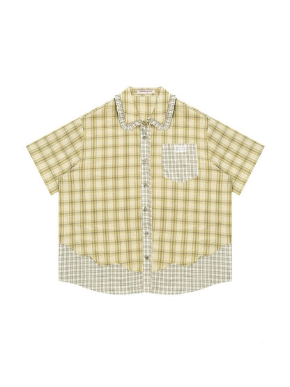 Stitching Plaid Doll Collar Patch Pocket Short Sleeve Shirt【s0000013049】