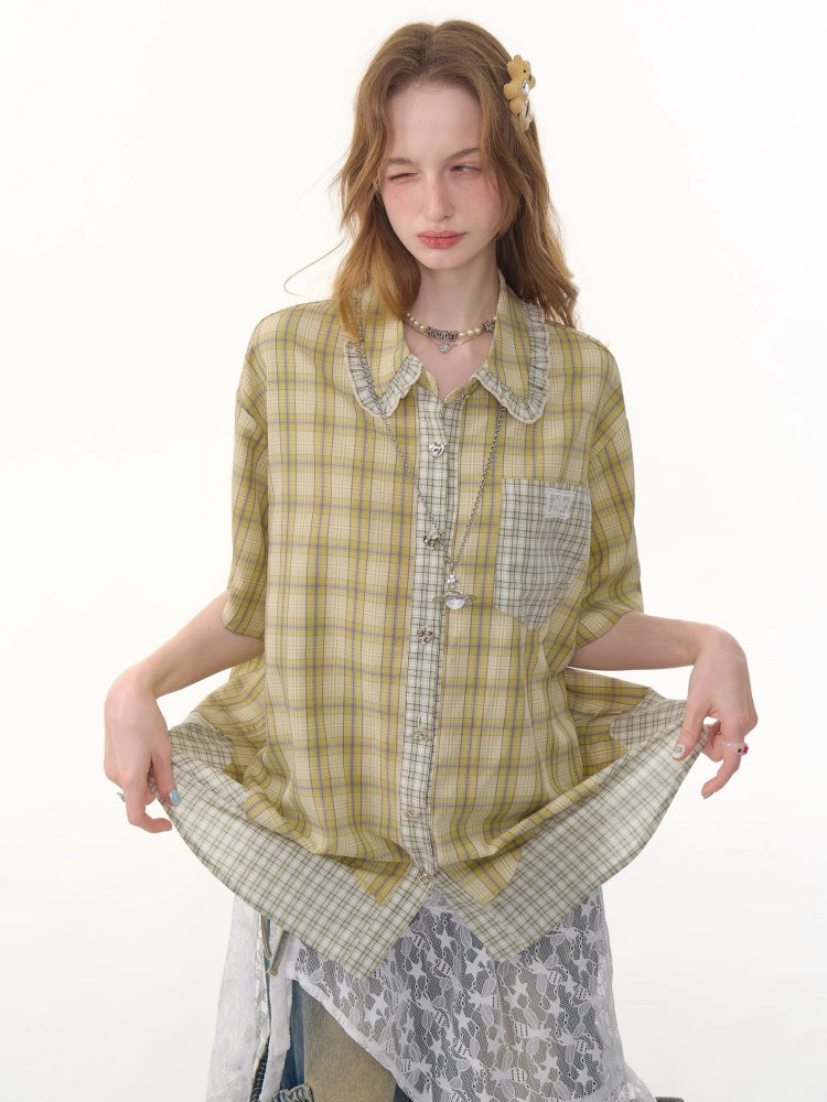 Stitching Plaid Doll Collar Patch Pocket Short Sleeve Shirt【s0000013049】