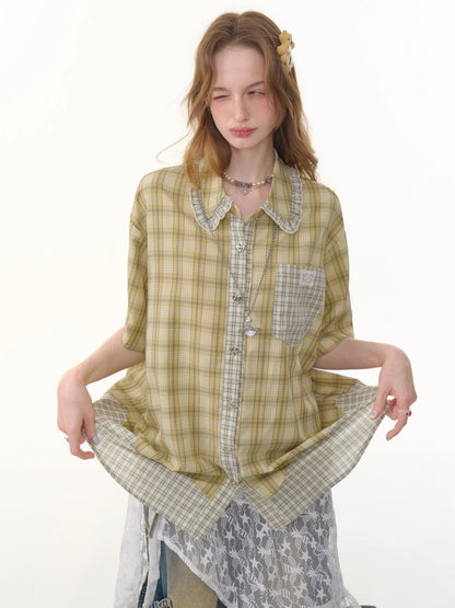 Stitching Plaid Doll Collar Patch Pocket Short Sleeve Shirt【s0000013049】