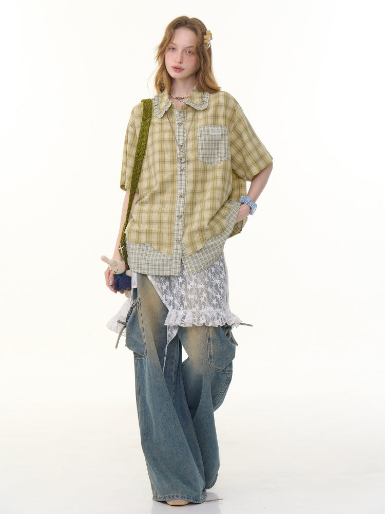 Stitching Plaid Doll Collar Patch Pocket Short Sleeve Shirt【s0000013049】