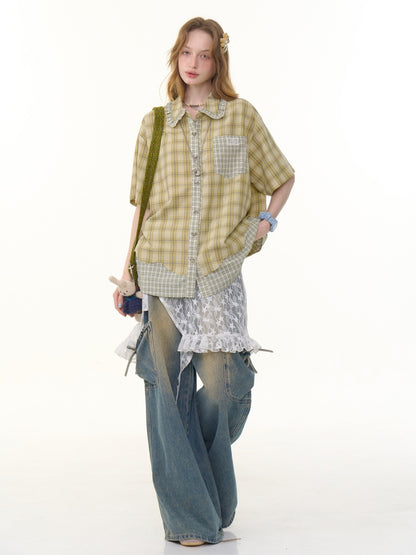 Stitching Plaid Doll Collar Patch Pocket Short Sleeve Shirt【s0000013049】