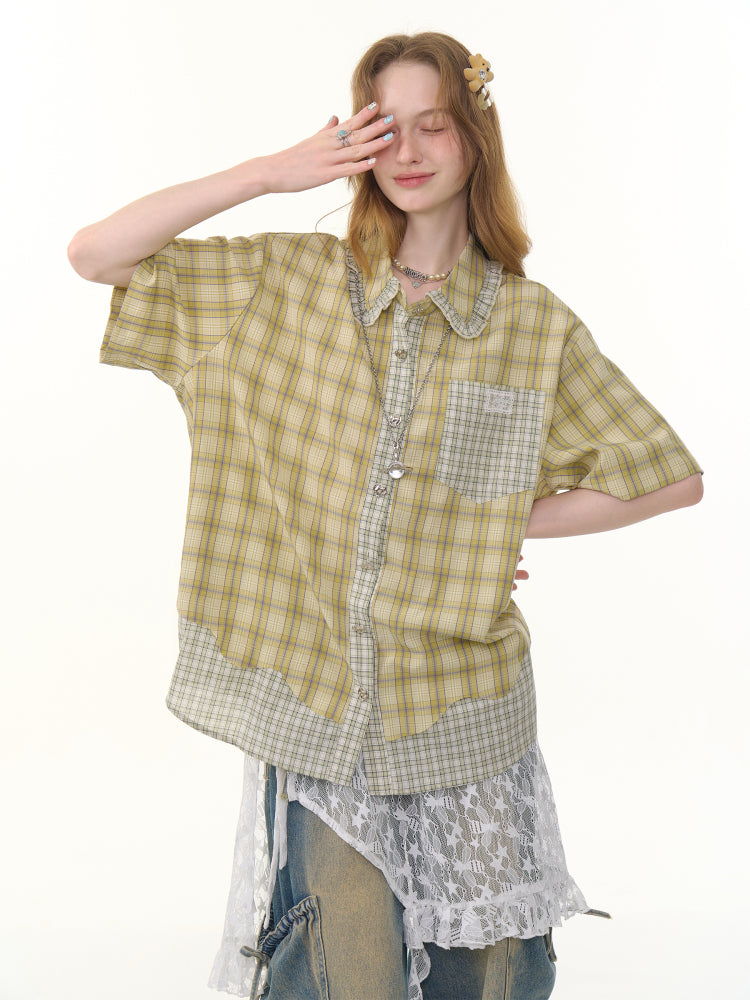 Stitching Plaid Doll Collar Patch Pocket Short Sleeve Shirt【s0000013049】