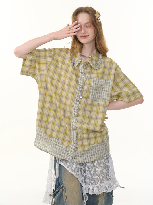 Stitching Plaid Doll Collar Patch Pocket Short Sleeve Shirt【s0000013049】