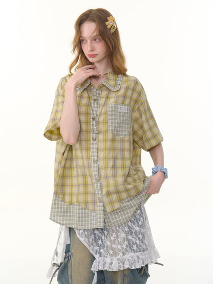 Stitching Plaid Doll Collar Patch Pocket Short Sleeve Shirt【s0000013049】