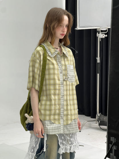 Stitching Plaid Doll Collar Patch Pocket Short Sleeve Shirt【s0000013049】
