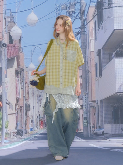 Stitching Plaid Doll Collar Patch Pocket Short Sleeve Shirt【s0000013049】