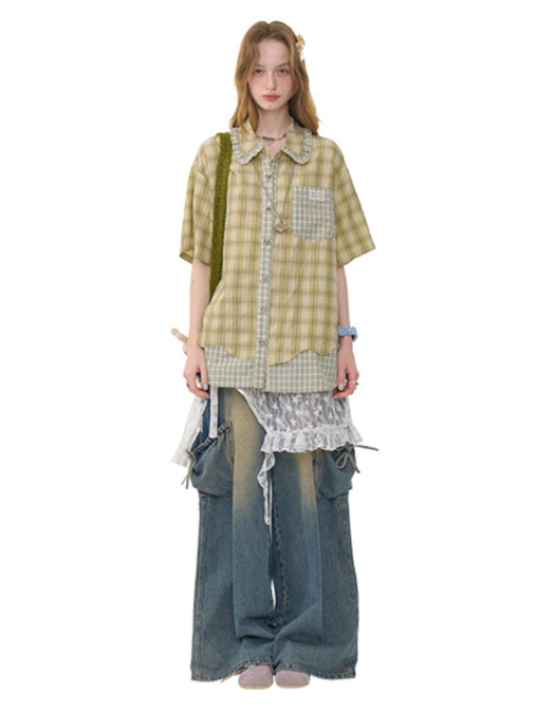 Stitching Plaid Doll Collar Patch Pocket Short Sleeve Shirt【s0000013049】