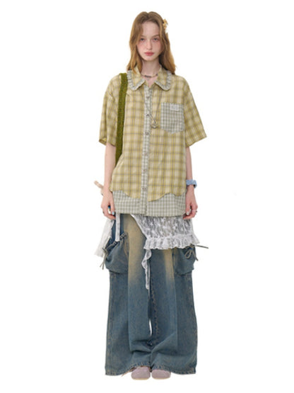 Stitching Plaid Doll Collar Patch Pocket Short Sleeve Shirt【s0000013049】