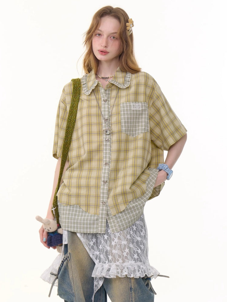 Stitching Plaid Doll Collar Patch Pocket Short Sleeve Shirt【s0000013049】