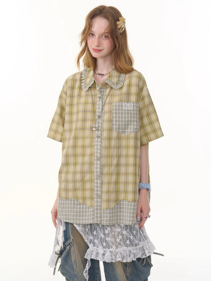 Stitching Plaid Doll Collar Patch Pocket Short Sleeve Shirt【s0000013049】