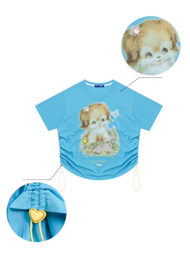 Dog Print Drawstring V-Neck Loose Short Sleeve T-Shirt【s0000013050】