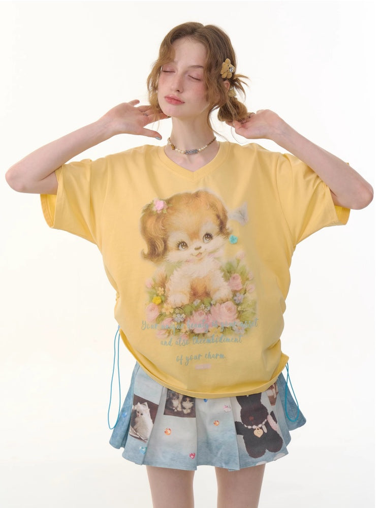 Dog Print Drawstring V-Neck Loose Short Sleeve T-Shirt【s0000013050】