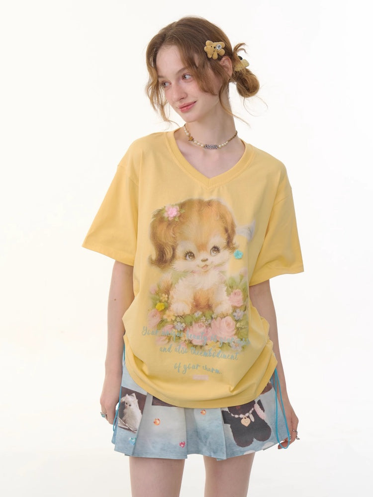 Dog Print Drawstring V-Neck Loose Short Sleeve T-Shirt【s0000013050】