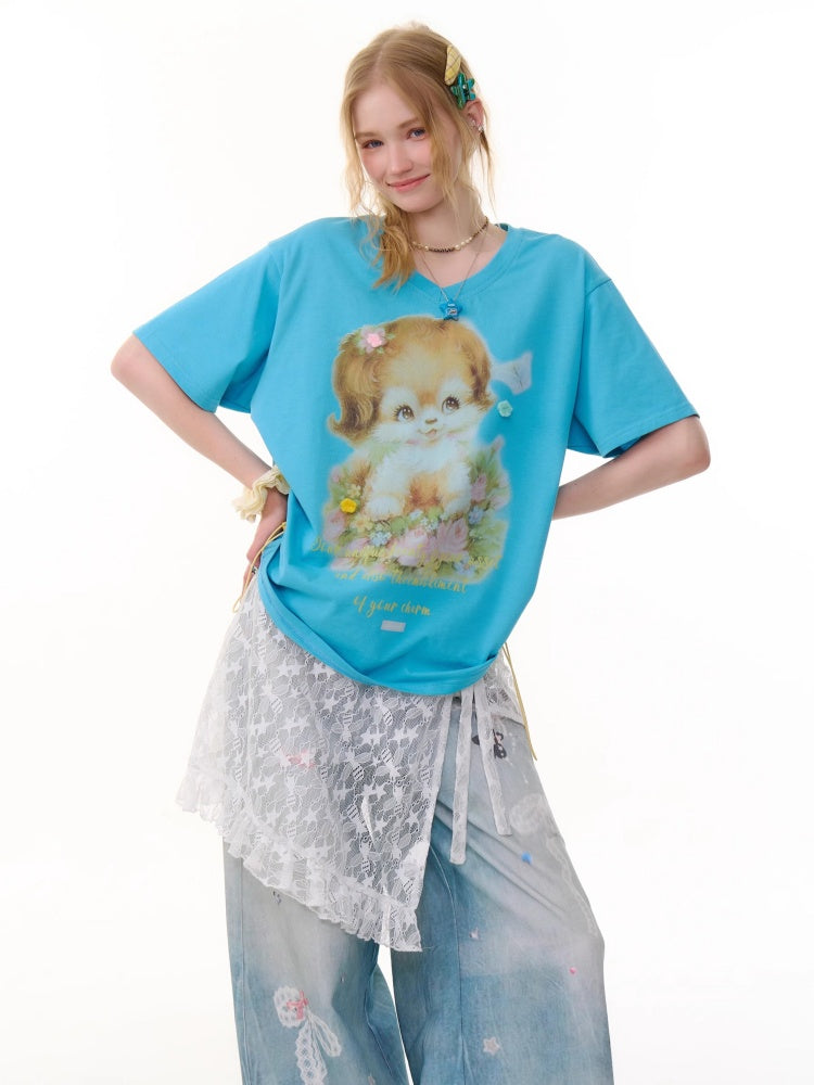 Dog Print Drawstring V-Neck Loose Short Sleeve T-Shirt【s0000013050】