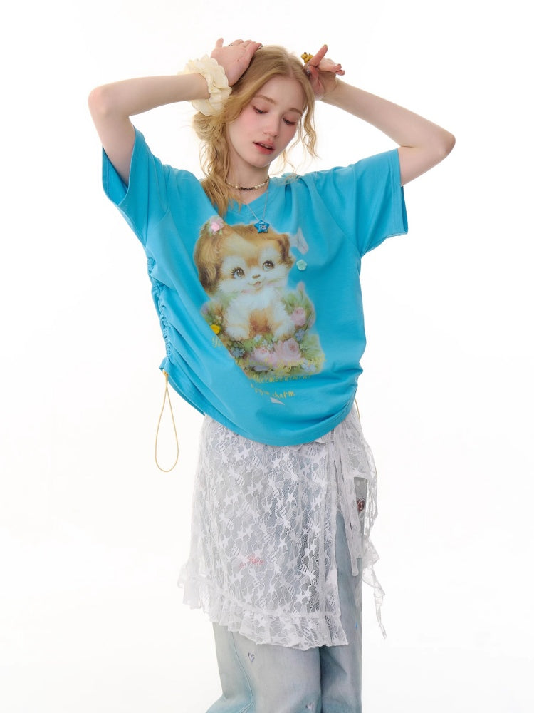 Dog Print Drawstring V-Neck Loose Short Sleeve T-Shirt【s0000013050】