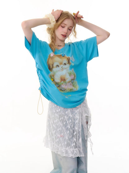 Dog Print Drawstring V-Neck Loose Short Sleeve T-Shirt【s0000013050】