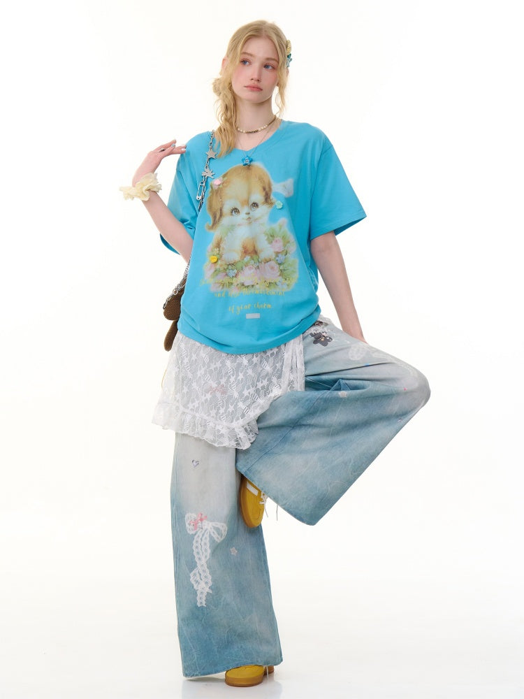 Dog Print Drawstring V-Neck Loose Short Sleeve T-Shirt【s0000013050】