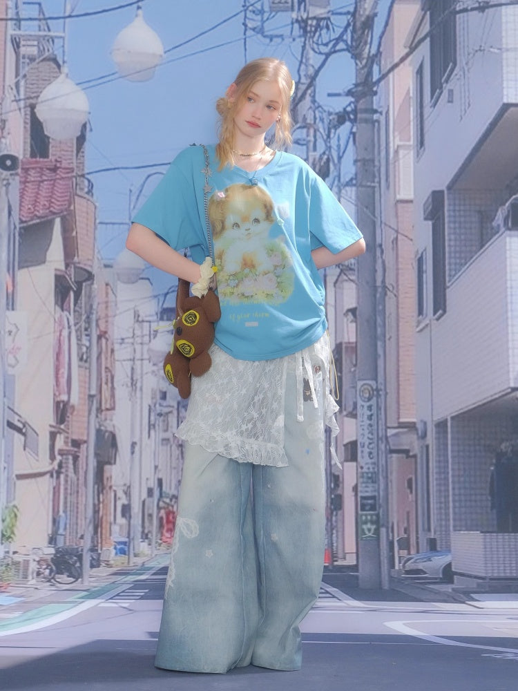 Dog Print Drawstring V-Neck Loose Short Sleeve T-Shirt【s0000013050】