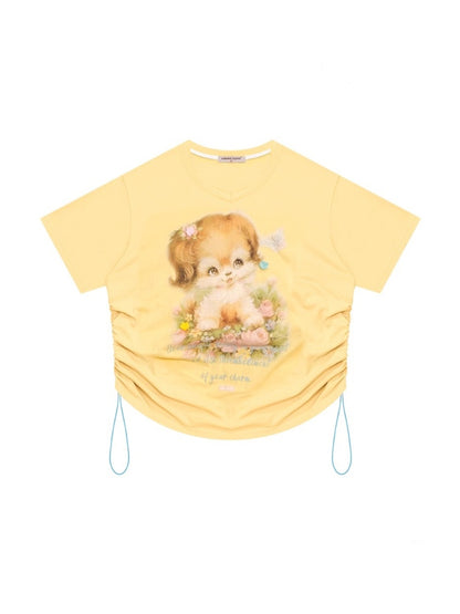 Dog Print Drawstring V-Neck Loose Short Sleeve T-Shirt【s0000013050】