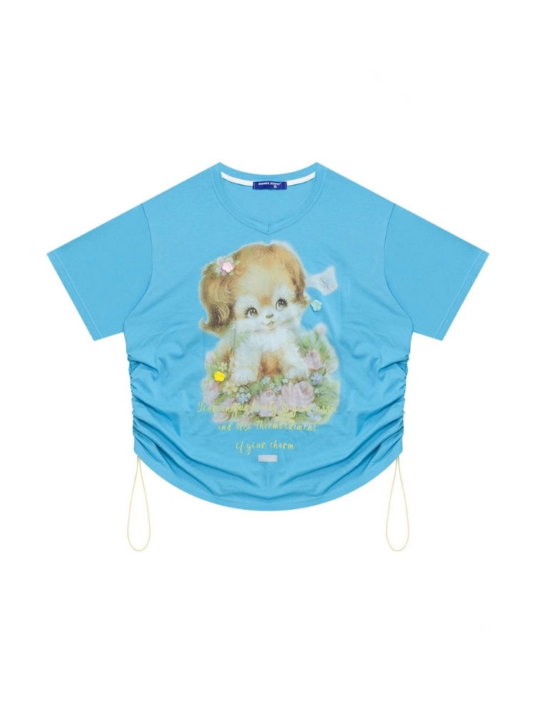 Dog Print Drawstring V-Neck Loose Short Sleeve T-Shirt【s0000013050】