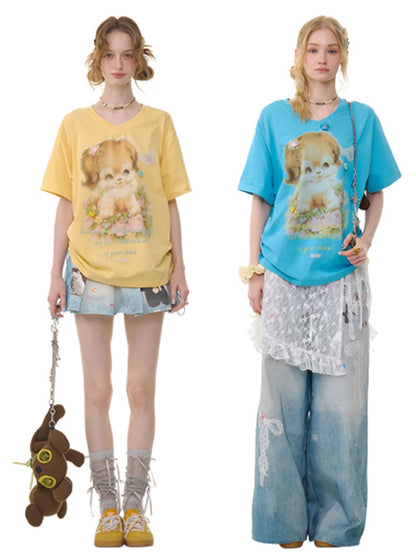 Dog Print Drawstring V-Neck Loose Short Sleeve T-Shirt【s0000013050】
