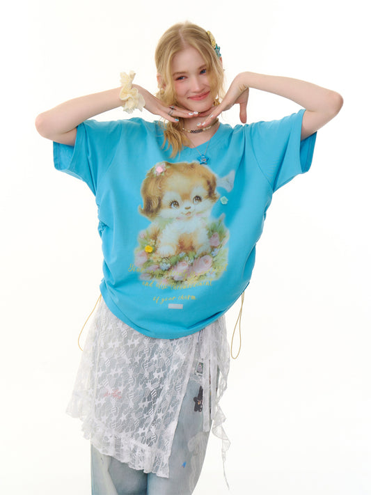 Dog Print Drawstring V-Neck Loose Short Sleeve T-Shirt【s0000013050】