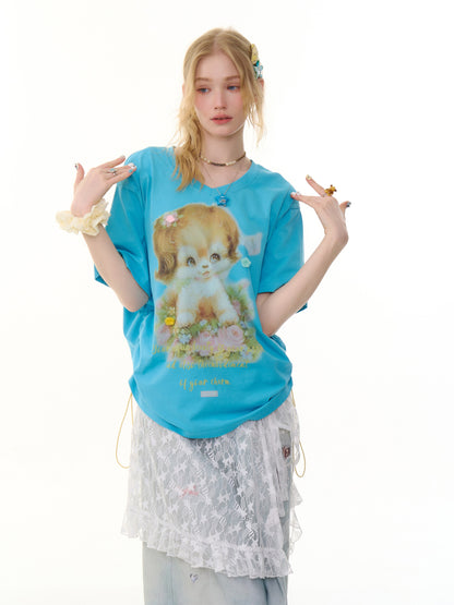 Dog Print Drawstring V-Neck Loose Short Sleeve T-Shirt【s0000013050】