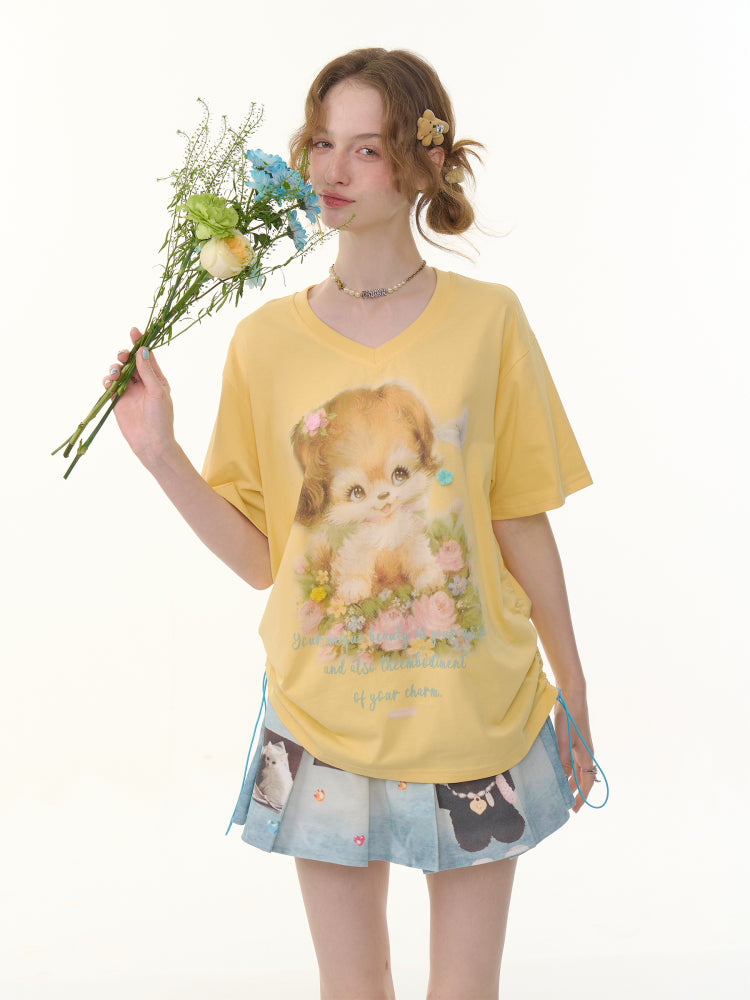 Dog Print Drawstring V-Neck Loose Short Sleeve T-Shirt【s0000013050】