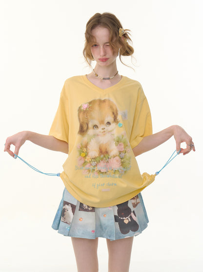 Dog Print Drawstring V-Neck Loose Short Sleeve T-Shirt【s0000013050】