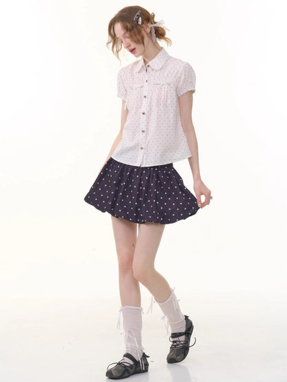 Doll Collar Polka Dot Puff Sleeve Shirt【s0000013051】