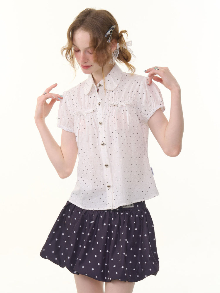 Doll Collar Polka Dot Puff Sleeve Shirt【s0000013051】