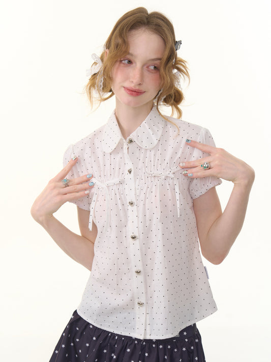Doll Collar Polka Dot Puff Sleeve Shirt【s0000013051】