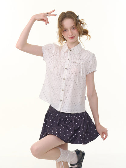Doll Collar Polka Dot Puff Sleeve Shirt【s0000013051】