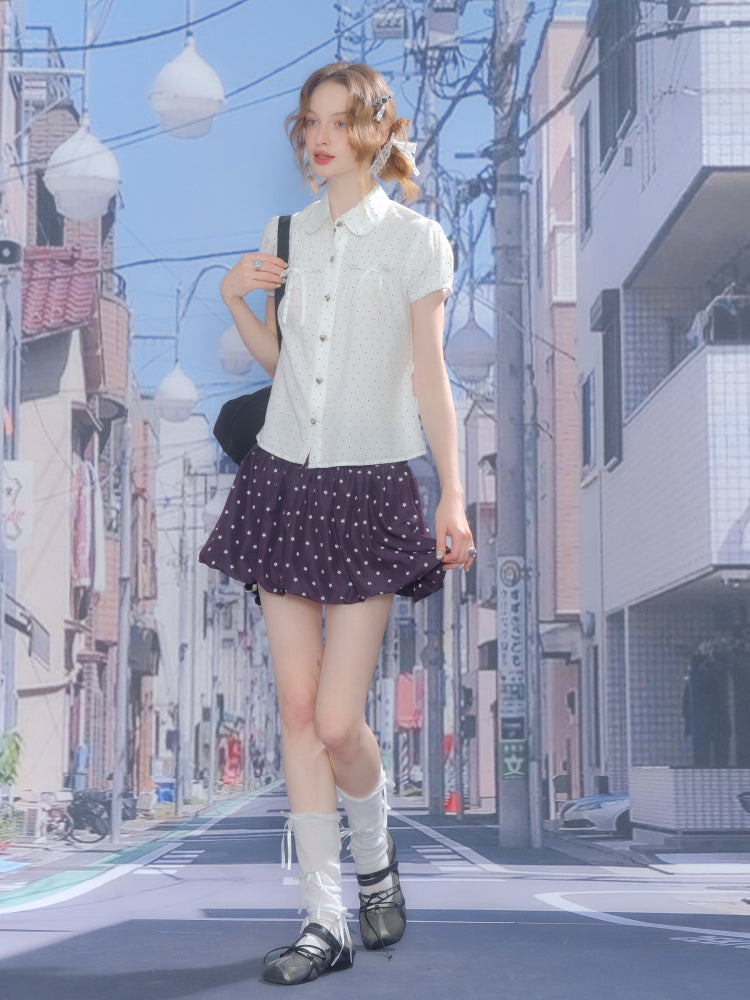 Doll Collar Polka Dot Puff Sleeve Shirt【s0000013051】