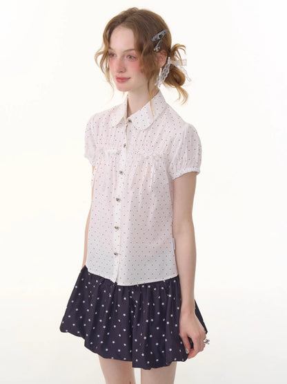 Doll Collar Polka Dot Puff Sleeve Shirt【s0000013051】