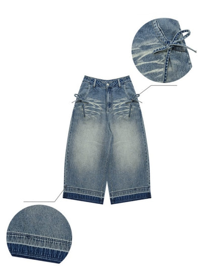 Washed Pocket Ribbon High Waisted  Straight Wide Leg Cropped Jeans【s0000013052】