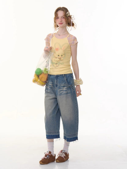 Washed Pocket Ribbon High Waisted  Straight Wide Leg Cropped Jeans【s0000013052】