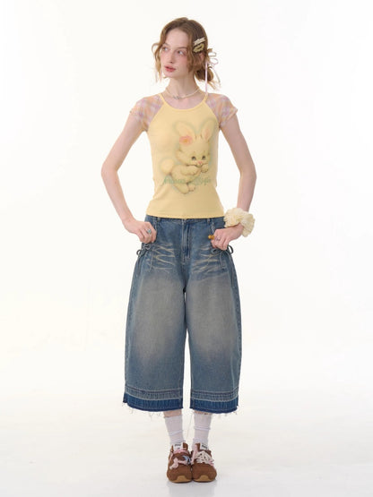 Washed Pocket Ribbon High Waisted  Straight Wide Leg Cropped Jeans【s0000013052】