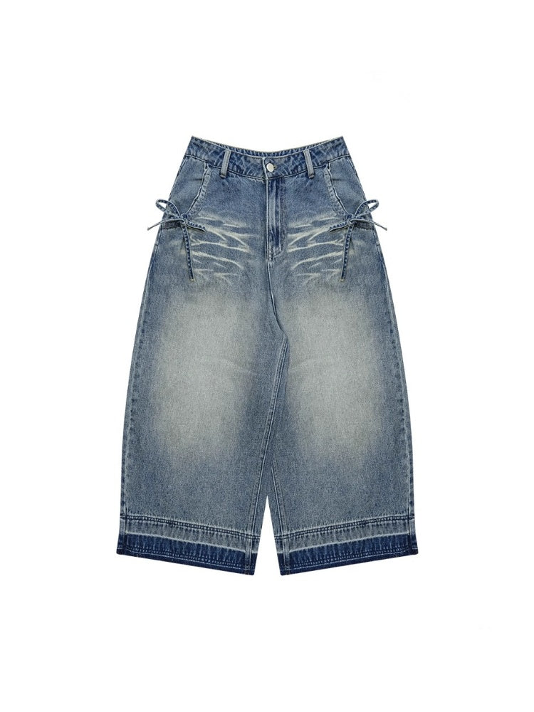 Washed Pocket Ribbon High Waisted  Straight Wide Leg Cropped Jeans【s0000013052】