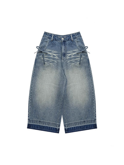 Washed Pocket Ribbon High Waisted  Straight Wide Leg Cropped Jeans【s0000013052】