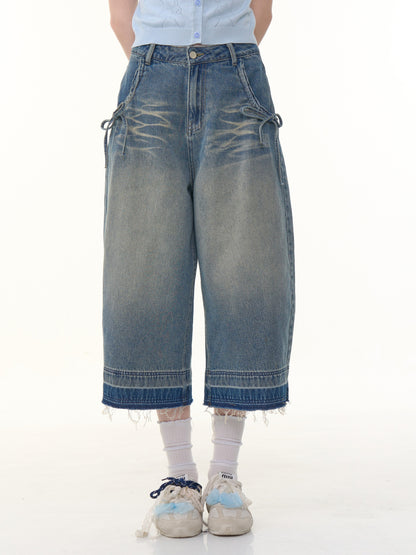 Washed Pocket Ribbon High Waisted  Straight Wide Leg Cropped Jeans【s0000013052】