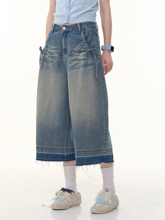Washed Pocket Ribbon High Waisted  Straight Wide Leg Cropped Jeans【s0000013052】