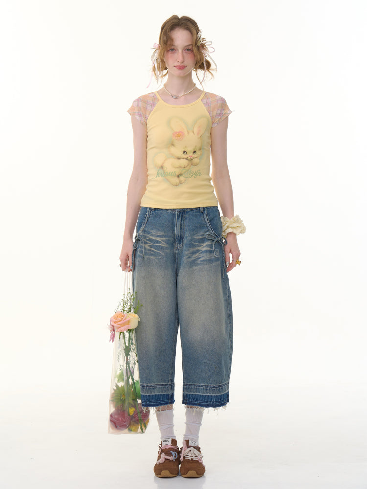 Washed Pocket Ribbon High Waisted  Straight Wide Leg Cropped Jeans【s0000013052】