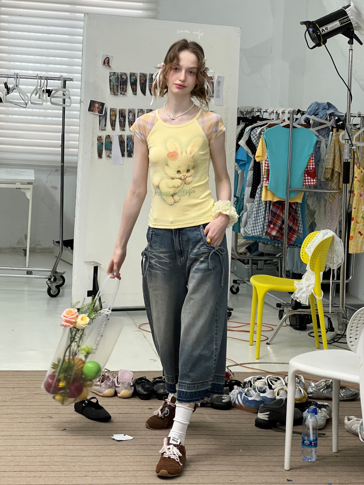 Washed Pocket Ribbon High Waisted  Straight Wide Leg Cropped Jeans【s0000013052】
