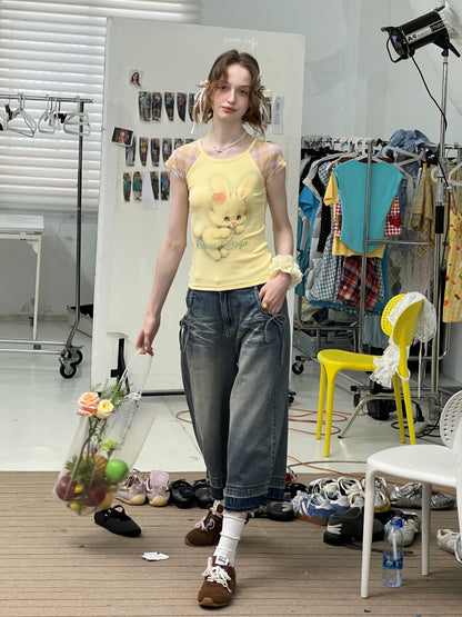 Washed Pocket Ribbon High Waisted  Straight Wide Leg Cropped Jeans【s0000013052】