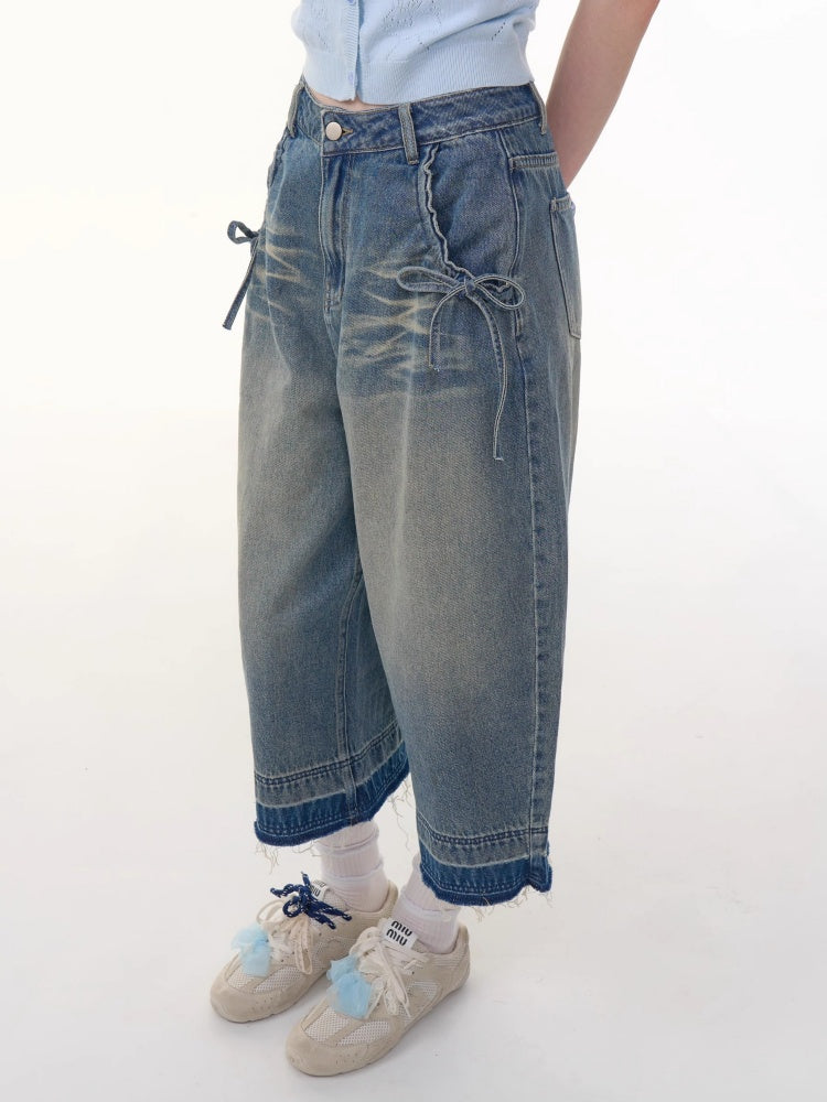 Washed Pocket Ribbon High Waisted  Straight Wide Leg Cropped Jeans【s0000013052】