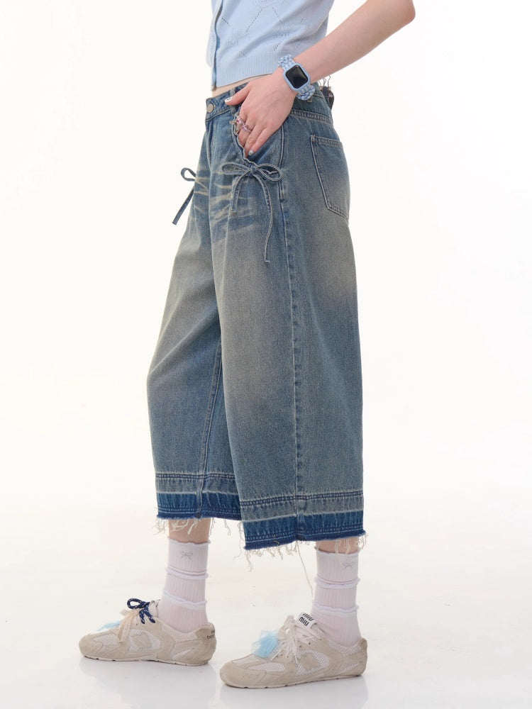 Washed Pocket Ribbon High Waisted  Straight Wide Leg Cropped Jeans【s0000013052】