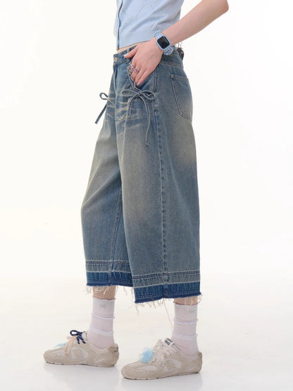 Washed Pocket Ribbon High Waisted  Straight Wide Leg Cropped Jeans【s0000013052】